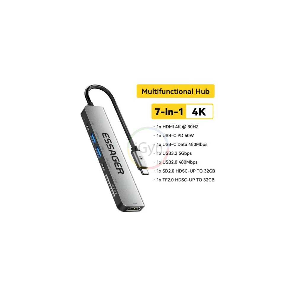 Hub Adaptador 7 Em 1 Essager Usb Tipo C 60w Hdmi 4k 30hz Cinza-escuro - Imagem 2