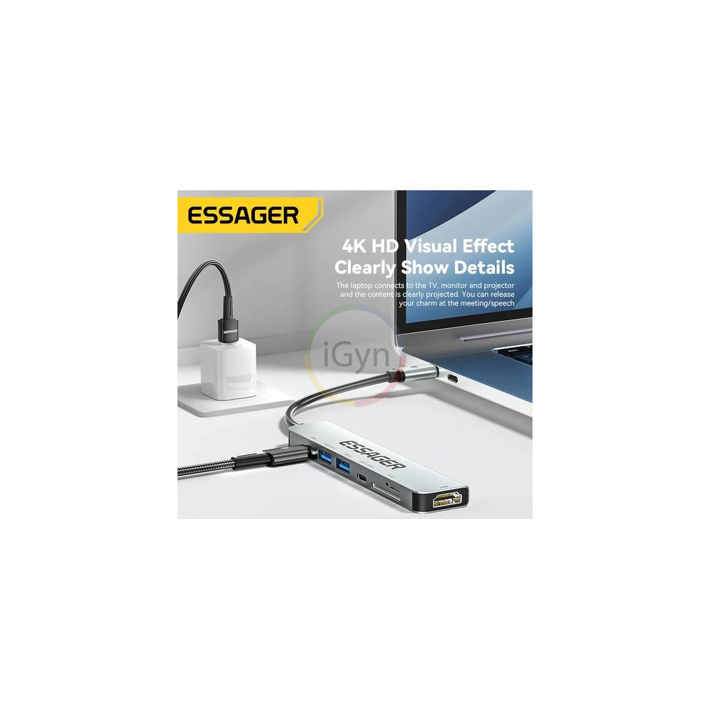 Hub Adaptador 7 Em 1 Essager Usb Tipo C 60w Hdmi 4k 30hz Cinza-escuro - Imagem 6