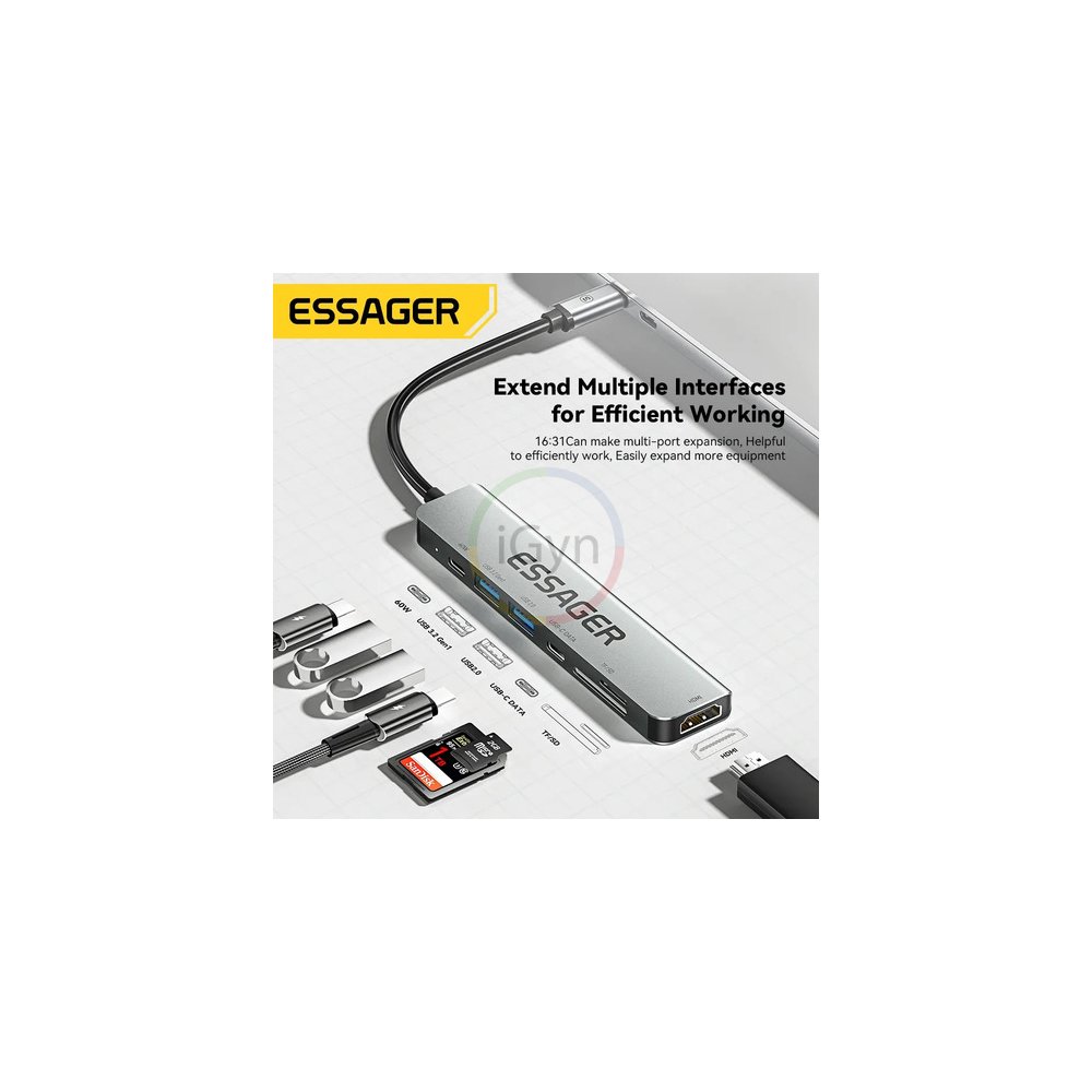 Hub Adaptador 7 Em 1 Essager Usb Tipo C 60w Hdmi 4k 30hz Cinza-escuro - Imagem 3